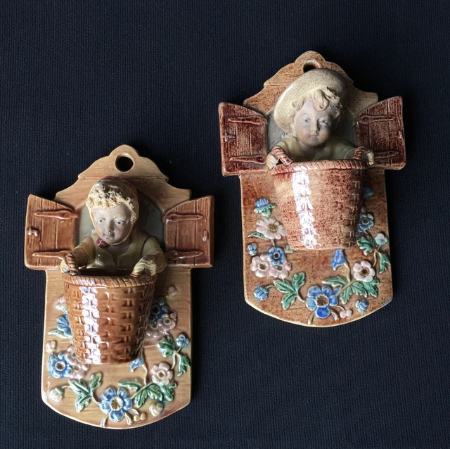 Pair majolica wall vases, circa 1890