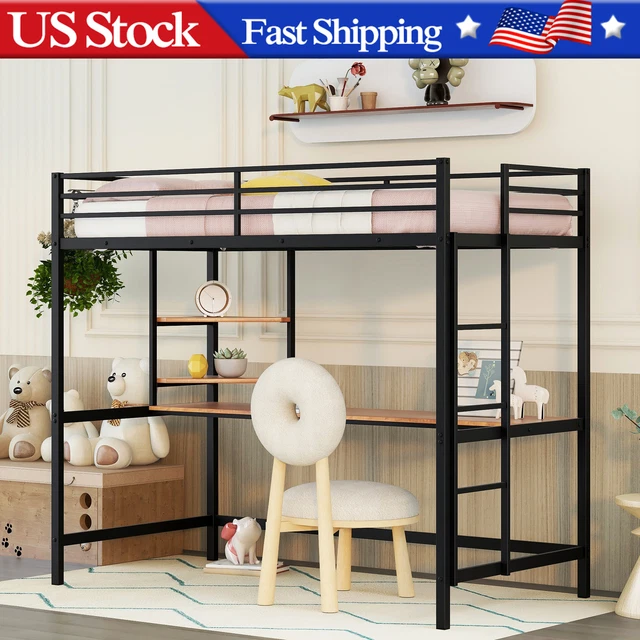 Twin Szie Loft Bed Metal Bunk Bedframe Kid Beds with Desk and Shelve for Bedroom
