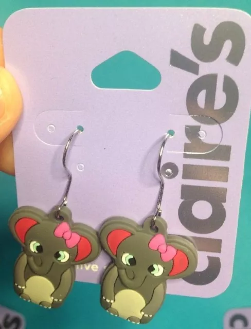 One Pair Of Claire's Cute Elephant With Pink Bows Dangling Earrings New!