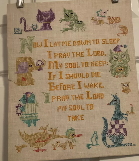 Vintage Cross Stitch Sampler Baby Room Child Nursery Animals The Lords Prayer