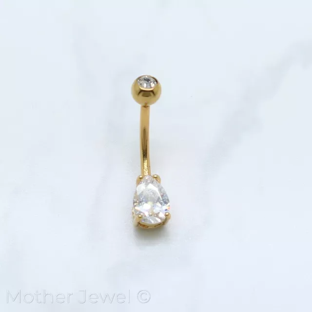 7Mm Pear Double Simulated Diamond 14K Yellow Gold Triple Plate Belly Navel Ring