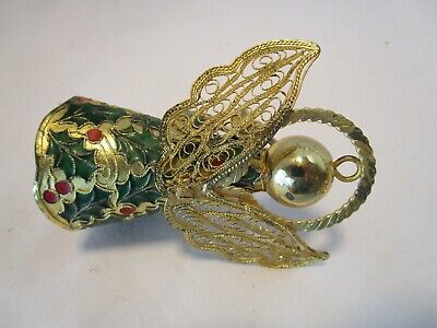 Alsan Victorian Enamelling Enamel Gilded Copper Winged Angel Bell Ornament 1970s 3
