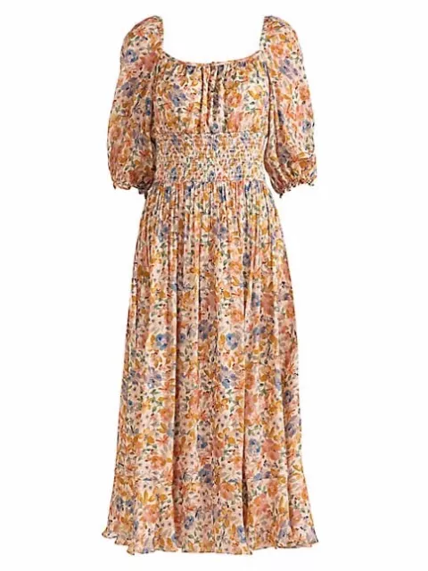 Nwt Shoshanna Celia Puffy Sleeve Smoked Floral Golden Midi Dress Size 4 $495 2