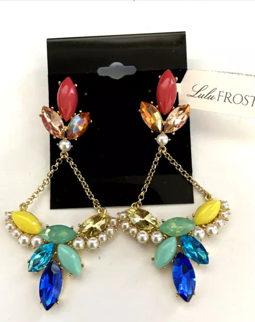 NWT LULU FROST Anthropologie Rainbow Stone Chandelier Pierced Earrings