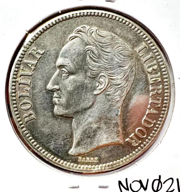 Venezuela 1936 5 Bolivares Silver Coin Very Fine Plata Libertad 90% Crown