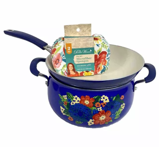 The Pioneer Woman Blue Floral Pattern Pot / Sauté Pan Non-Stick Rubber Handles