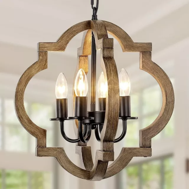 Farmhouse Orb Chandelier, 4 Light Rustic Handmade Wood Adjustable Height