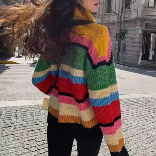 Womens Rainbow Multicolors Stripe Loose Knitted Jumpers Fashion Short Sweater 3