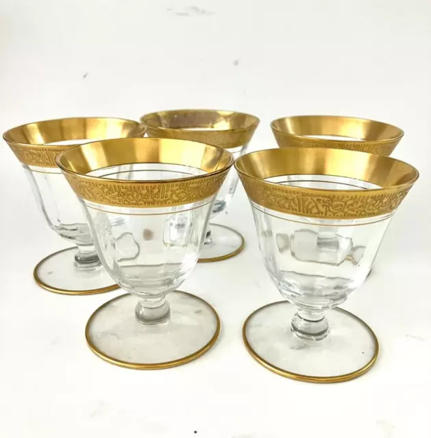 Set Of 5 Tiffin Franciscan Minton Vintage Optic Wine Water Glass Gold Trim