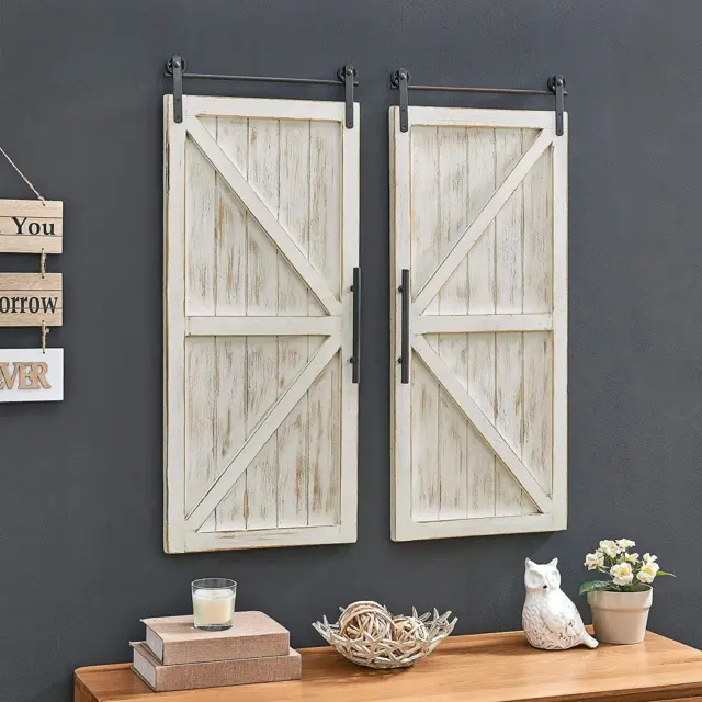 FirsTime & Co. Carriage House Barn Door Wall Plaque Set, 34"L x 14"W, White
