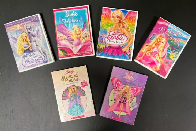 4 Barbie DVD's and  2 Jr Novel Books - Island Princess & Mariposa