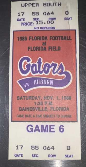 1986 Florida Gators vs Auburn Tigers Football Replica Ticket Stub