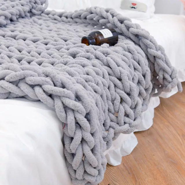 Luxury Large Soft Wool Chunky Knit Thick Blanket Hand-woven Throw Sofa Rug UK