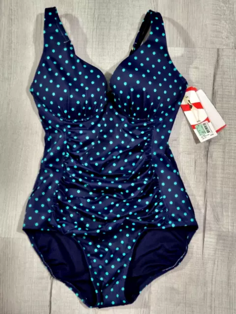 Spanx navy/turquoise polka dot one-piece swimsuit women sz 8 NWT