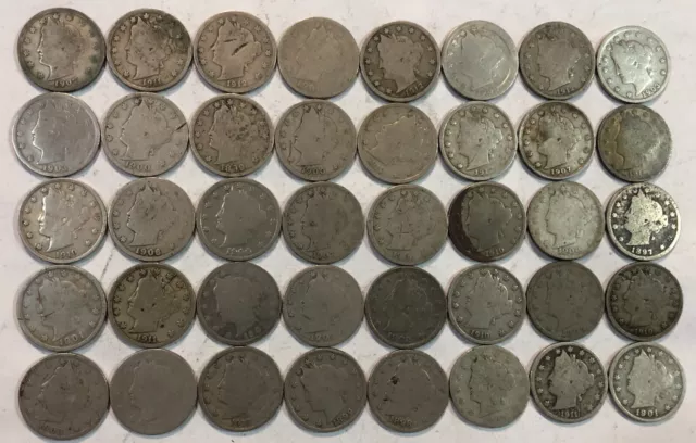 ROLL of 40 LIBERTY V NICKELS, circulated with problems. Exact coins shown. #38