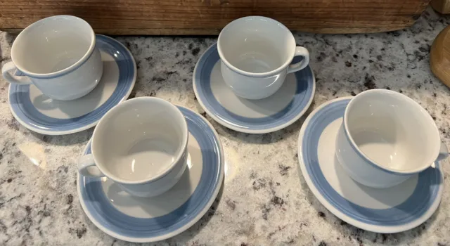 Blue-Striped White Porcelain Espresso Cups & Saucers Set of 4 ~ Made in France