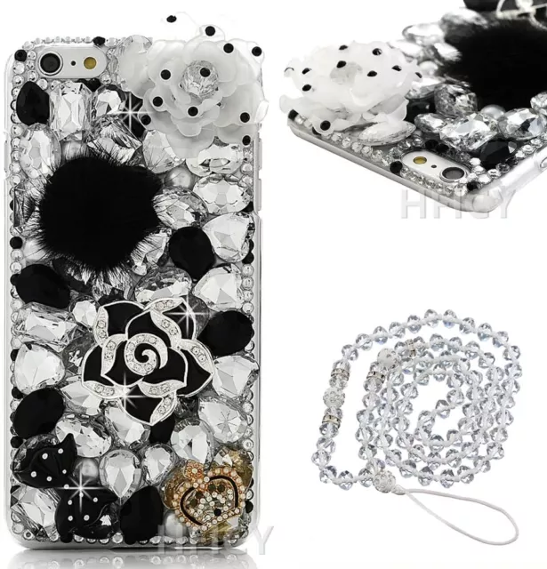 Bling Diamonds Sparkly Black Camellia Soft Women Phone Case With Crystal Lanyard