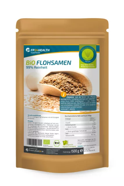 FP24 Health Flohsamen Bio 1,5 kg - 99% Reinheit  - Indische Flohsamen - 1500g