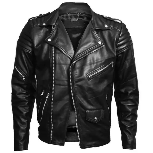 Men Genuine Lambskin Leather Quilted Classic Retro Biker Slim Black Coat Jacket