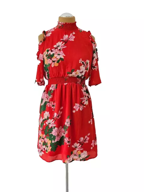ONLY hübsche rotes Kleid fit&flare Chiffon Blumen Muster schultefrei Gr.36