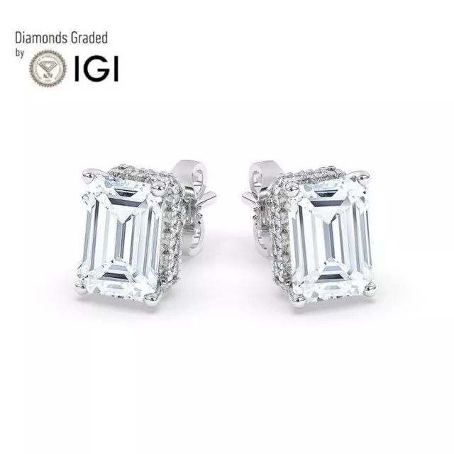 IGI, Emerald Cut Lab-Grown Diamond Hidden Halo Studs Earrings ,18K White Gold