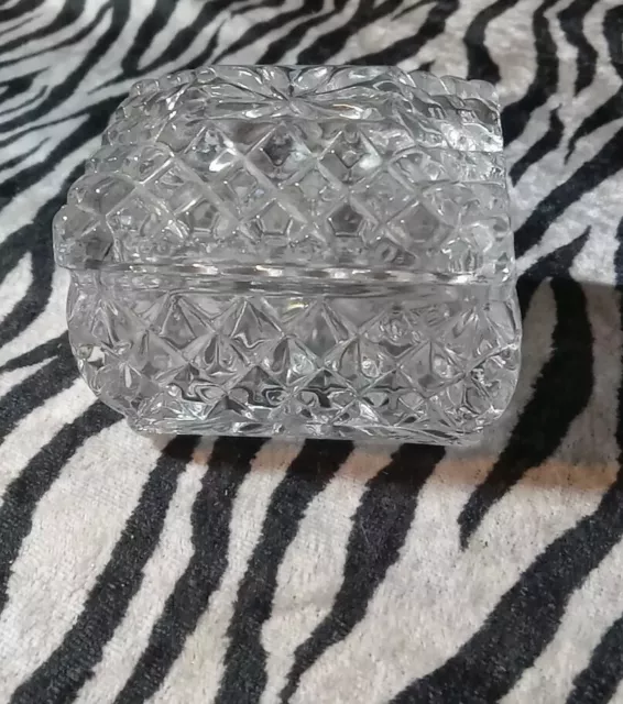 Vintage Rectangle Clear Cut Glass Diamond Pattern Trinket Box w Lid