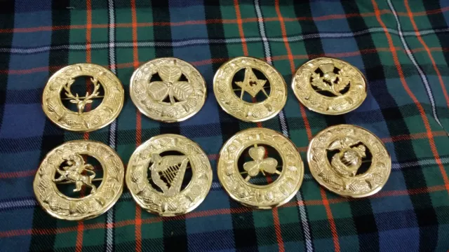 Scottish Kilt Fly Plaid Brooch Gold Finish Various Design/Celtic Pin Brooches