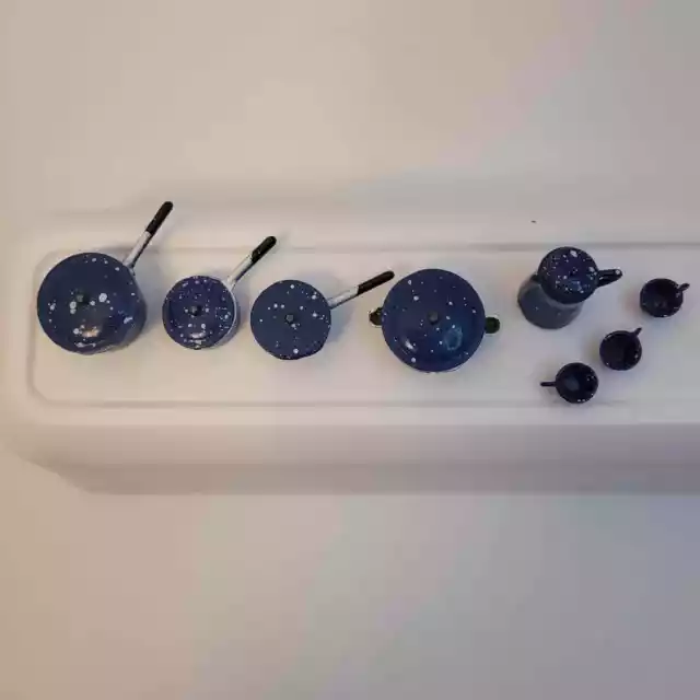Miniature Dollhouse Blue Speckled 12 Pc Set Enamelware Cookware Pots Pans 2