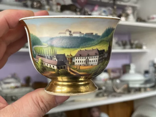 Museale Biedermeier Tasse Miniatur Malerei Schloss FÜRSTENBERG mit Wehrden 1877