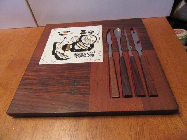 Vintage 60s 70s Mid Century Wood Cheese & Cracker Board Cutter w/ 4 Bar Tools