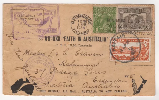 1934 Apr 14th. First Flight Cover. Australia - NZ - Australia. AAMC 371.