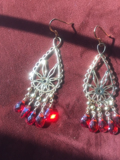 Red Orange Cut Glass Glossy Carnelian Crystal Chandelier Gold-tone Earrings 925