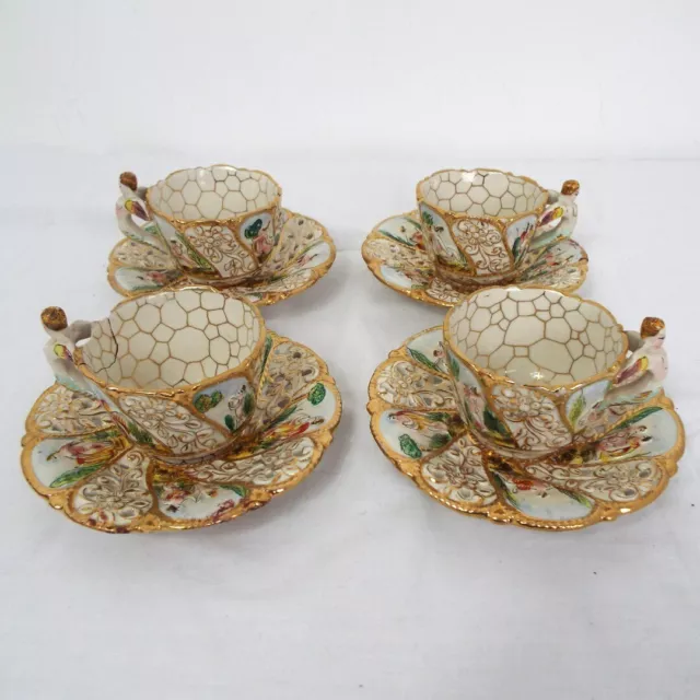 Capodimonte Vintage Porcelain Set 4 Cups & Saucers Adam & Eve Pattern