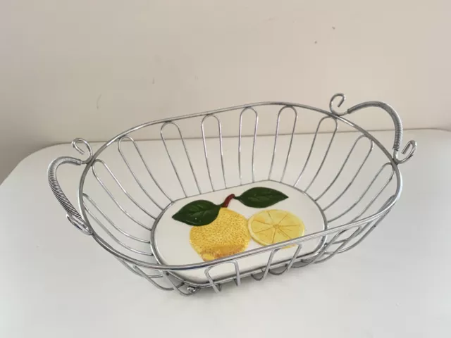 Stainless Steel Wire Fruit Vegetable Basket Holder Bowl W Lemon Ceramic Tile 13"