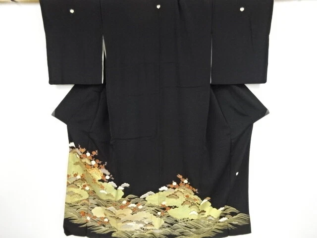 80885# Japanese Kimono / Antique Tomesode / Embroidery / Wave & Cloud