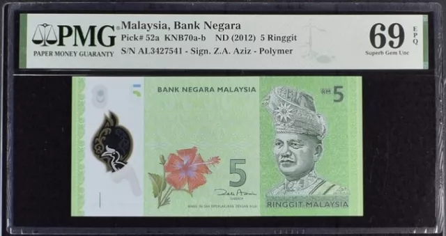 Malaysia 5 Ringgit ND 2012 P 52 a Polymer Superb Gem UNC PMG 69 EPQ