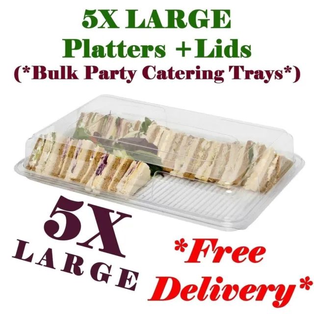 5X Large Plastic CLEAR Sandwich Trays & Lids Party Platters For Catering Buffet