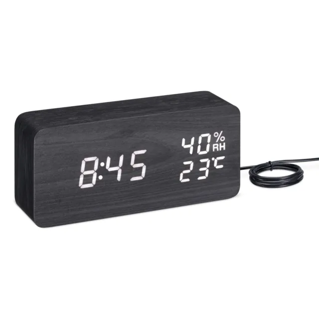 Reloj despertador digital con alarma temperatura fecha humedad cable USB negro