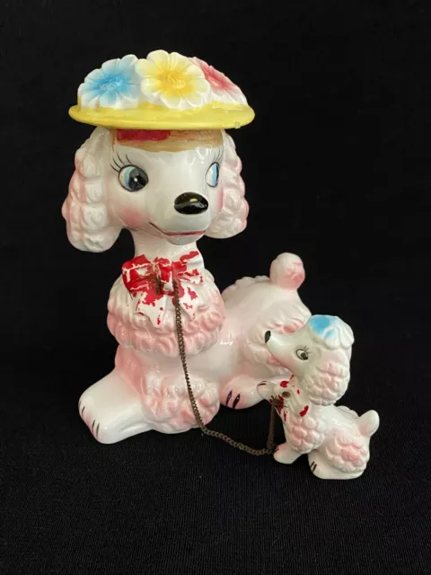 Vintage Ceramic Pink Poodle Puppy Chain Retro Figurine Wales Japan Dog Hats MCM