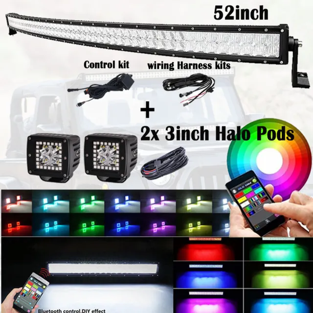 52" Curved RGB LED Light Bar Multi Color Change + 2x 3" RGB HALO Cube Pods Kits