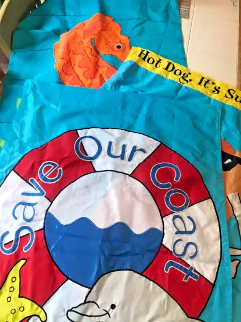 Lot of 3 Summer Applique Flags 28 x 44 Save Our Coast Seahorse Hot Dog Beach