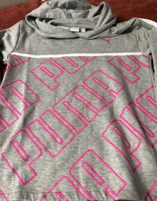 Puma Girls Size Large 12-14 Hoodie Gray With Pink Logo & Pink Lettering Pullover