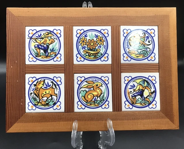 6 Vtg Triana Seville Spain Wood Framed Ceramic Tiles Rabbit Hunter Fox Bird Wall
