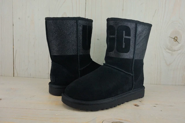 UGG CLASSIC SHORT LOGO BLACK SPARKLE WOMENS BOOT us 5 NIB