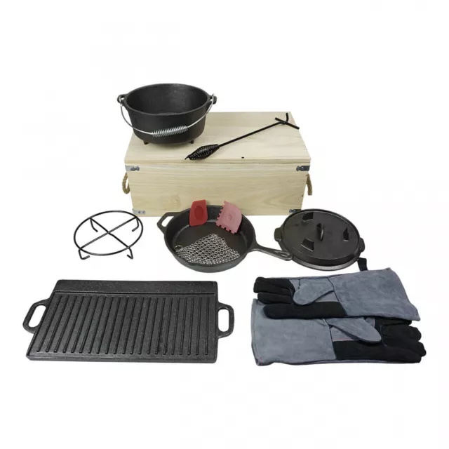 Dutch Oven Feuertopf  Set aus Gusseisen Holztruhe Pfanne Grill-Platte Heber BBQ