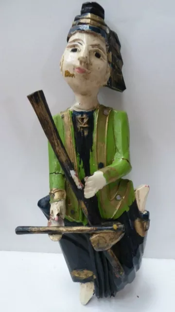 Vintage Carved Asian Wooden Java Figurine Statue Musician  Painted