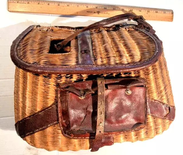 EARLY PRIMITIVE WICKER Leather Fly Fishing Fish Creel Basket Pouch Vintage  Dry $69.00 - PicClick