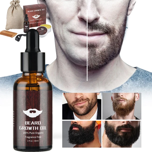 BEARD GROWTH KIT Men Mustache Growth Oil Derma Roller Natural Beard