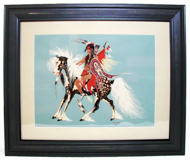 Vintage Hand Signed Woody Crumbo Native American Young Brave on Horse Serigraph