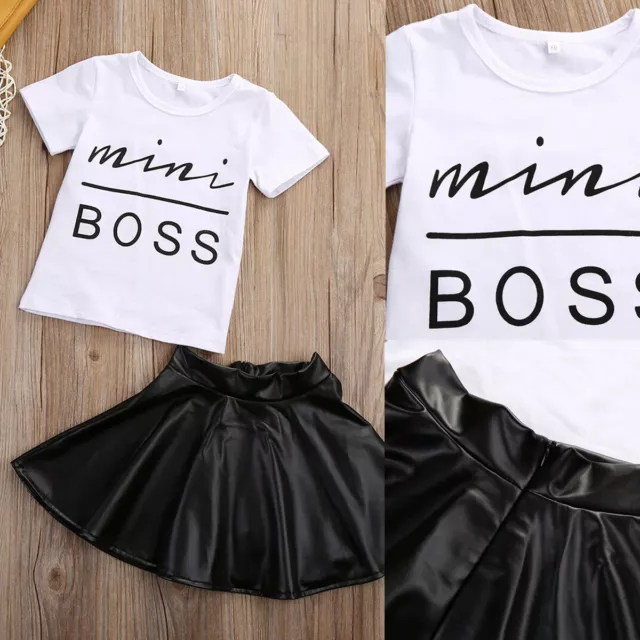 Toddler Baby Girls Kids“mini boss”Letter  Tops PU Leather Skirt Outfits Sets